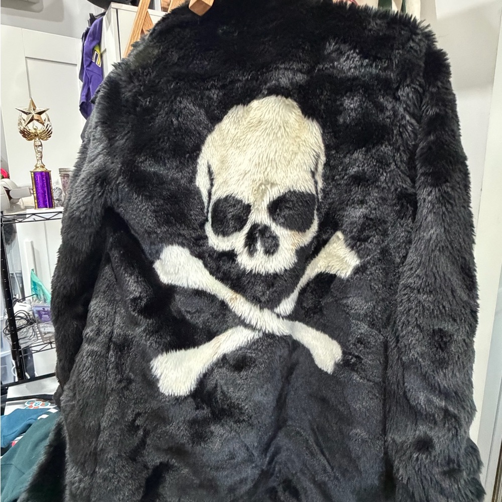 Current Mood Black Skull Faux Fur Jacket RARE